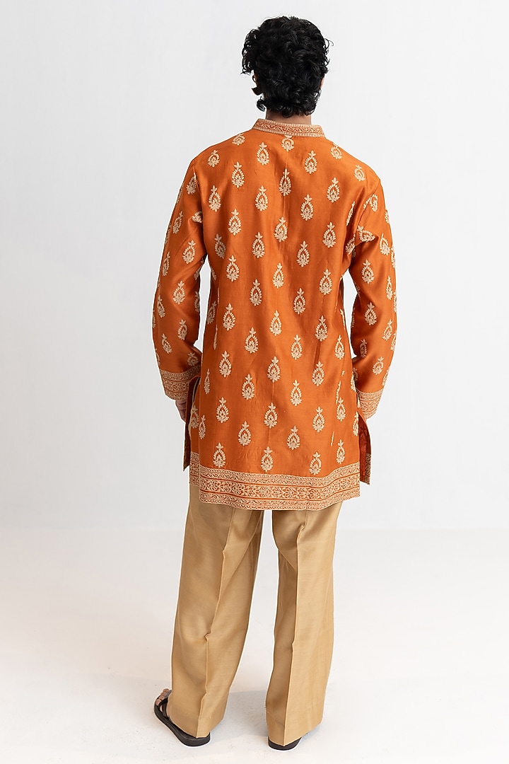 Burnt Orange Handloom Chanderi Dori Embroidered Short Kurta Set by Wabi Sabi Men at Pernia's Pop Up Shop