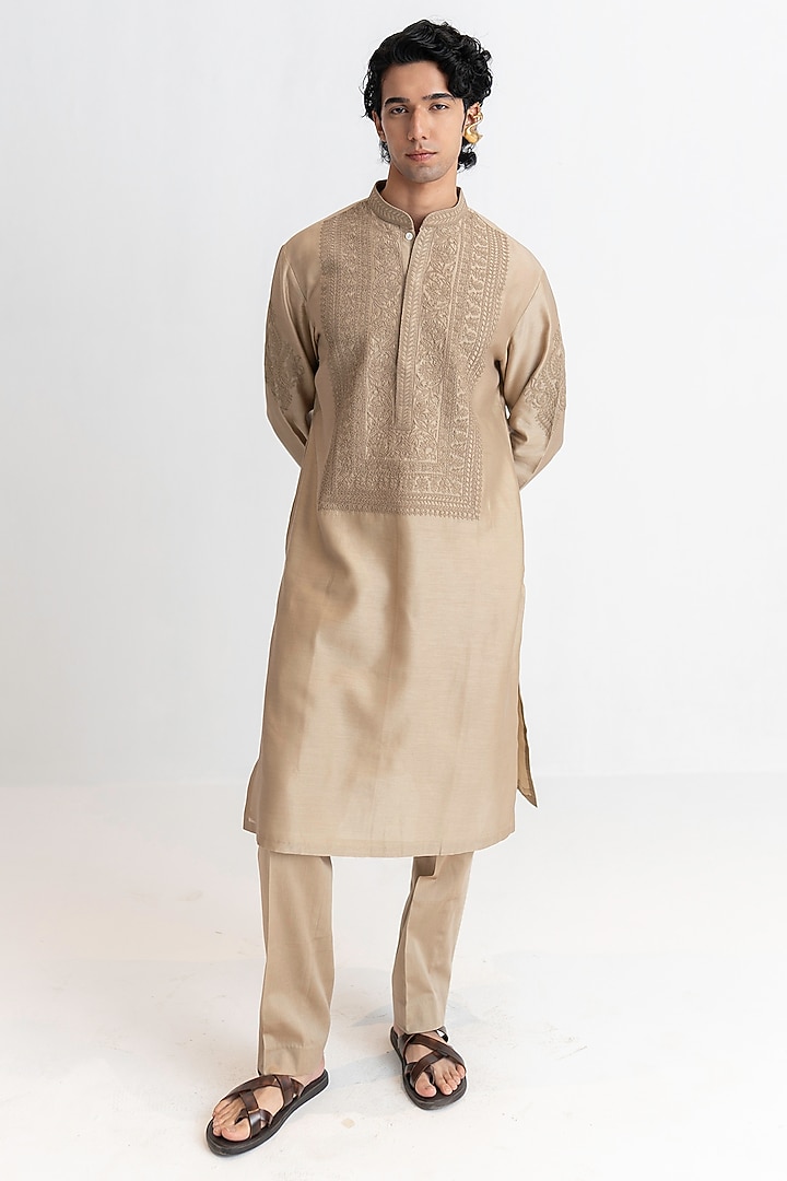 Deep Beige Handloom Chanderi Dori Embroidered Kurta Set by Wabi Sabi Men at Pernia's Pop Up Shop