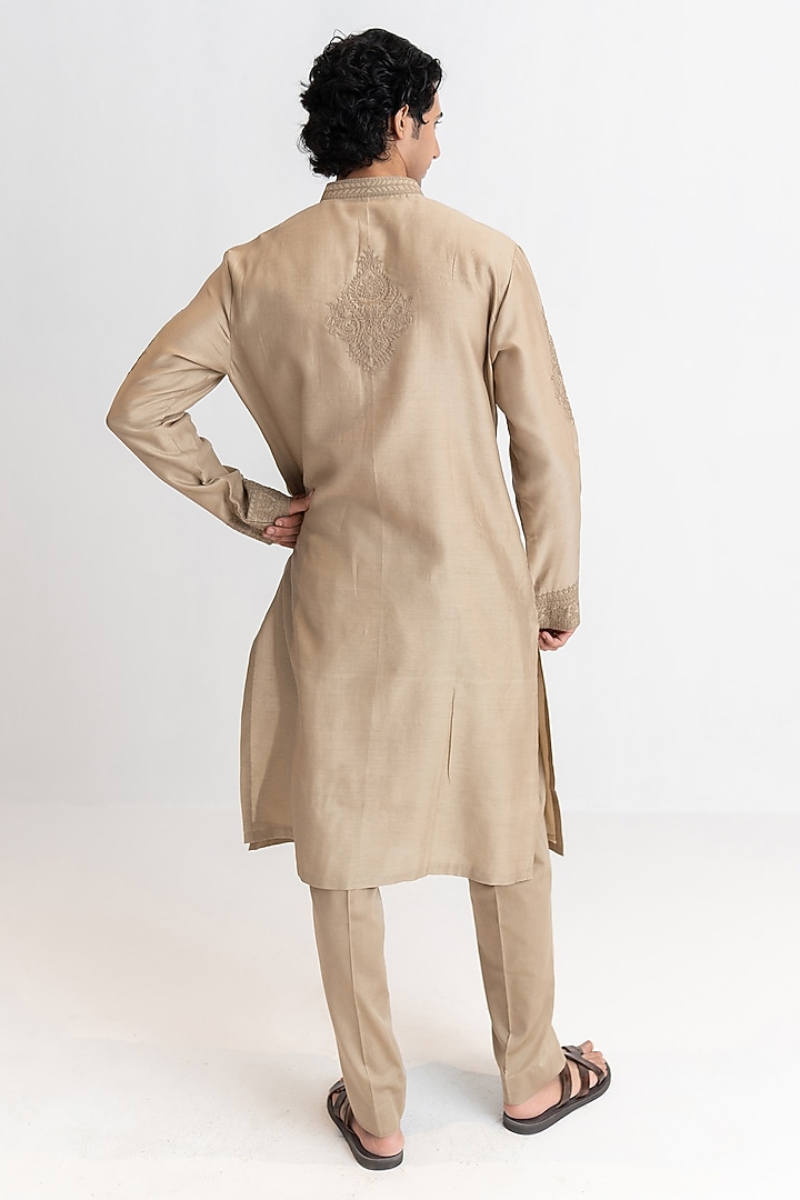 Deep Beige Handloom Chanderi Dori Embroidered Kurta Set by Wabi Sabi Men at Pernia's Pop Up Shop