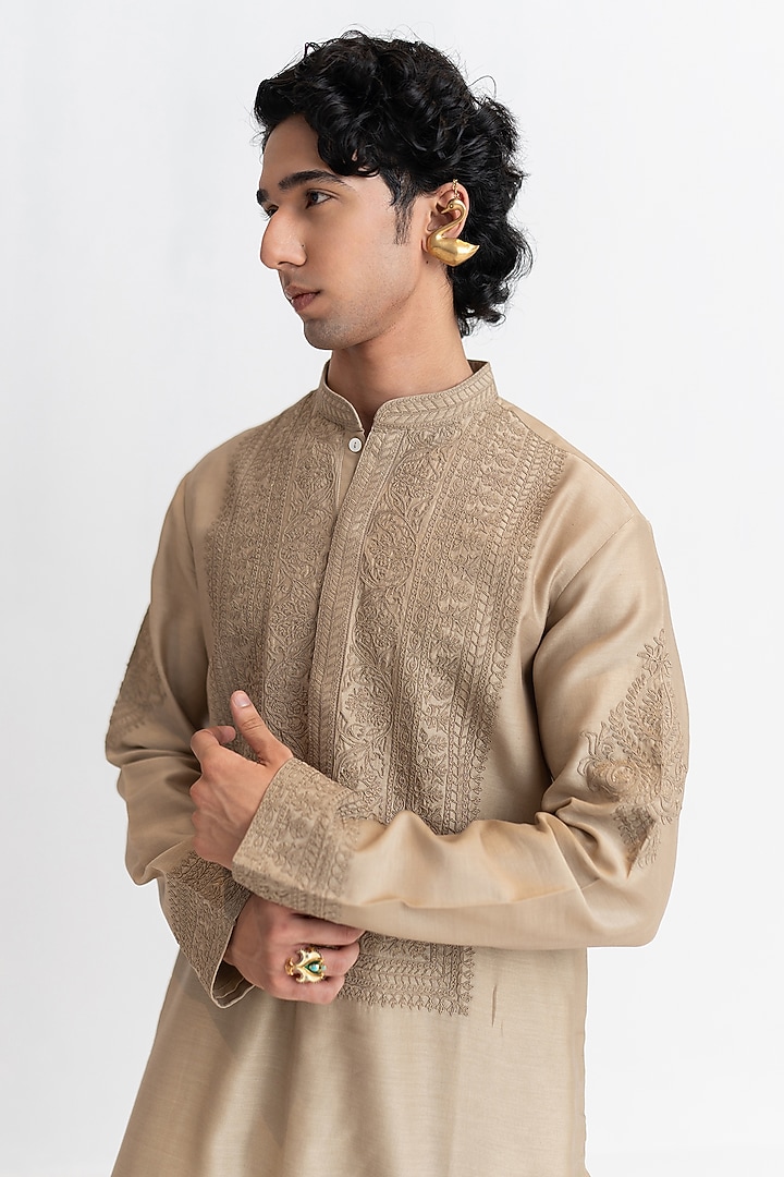 Deep Beige Handloom Chanderi Dori Embroidered Kurta Set by Wabi Sabi Men at Pernia's Pop Up Shop