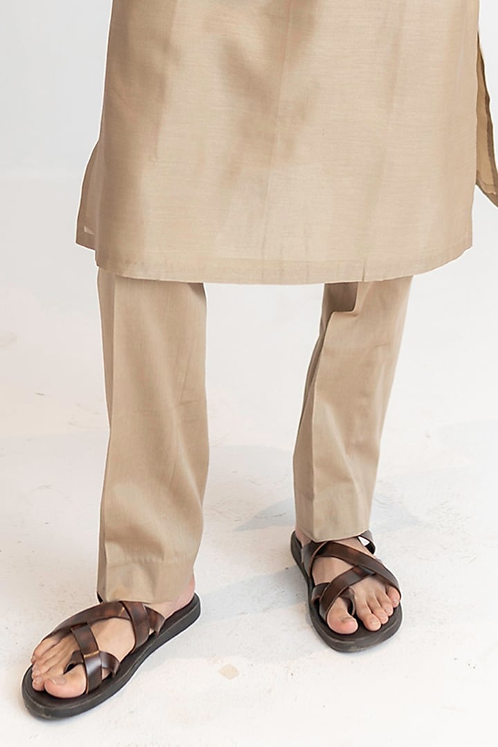 Deep Beige Handloom Chanderi Dori Embroidered Kurta Set by Wabi Sabi Men at Pernia's Pop Up Shop