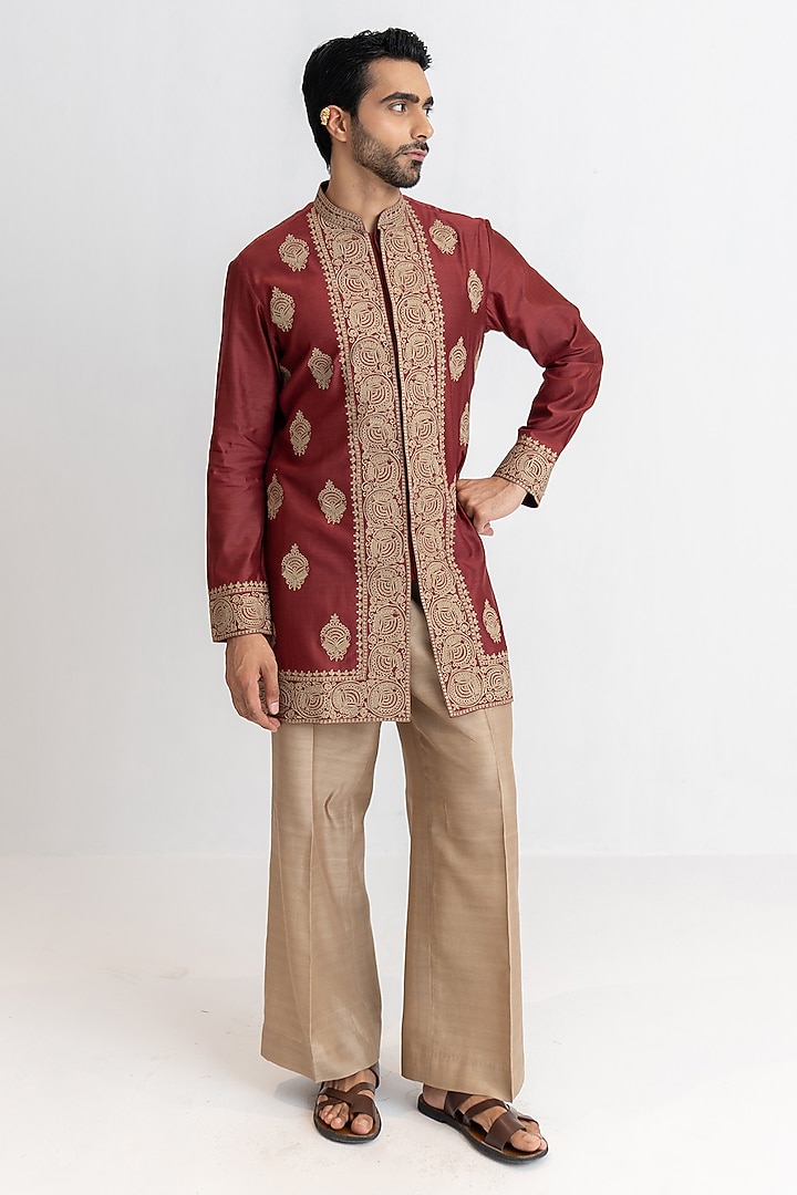 Antique Maroon Handloom Chanderi Dori Embroidered Kurta Set by Wabi Sabi Men at Pernia's Pop Up Shop