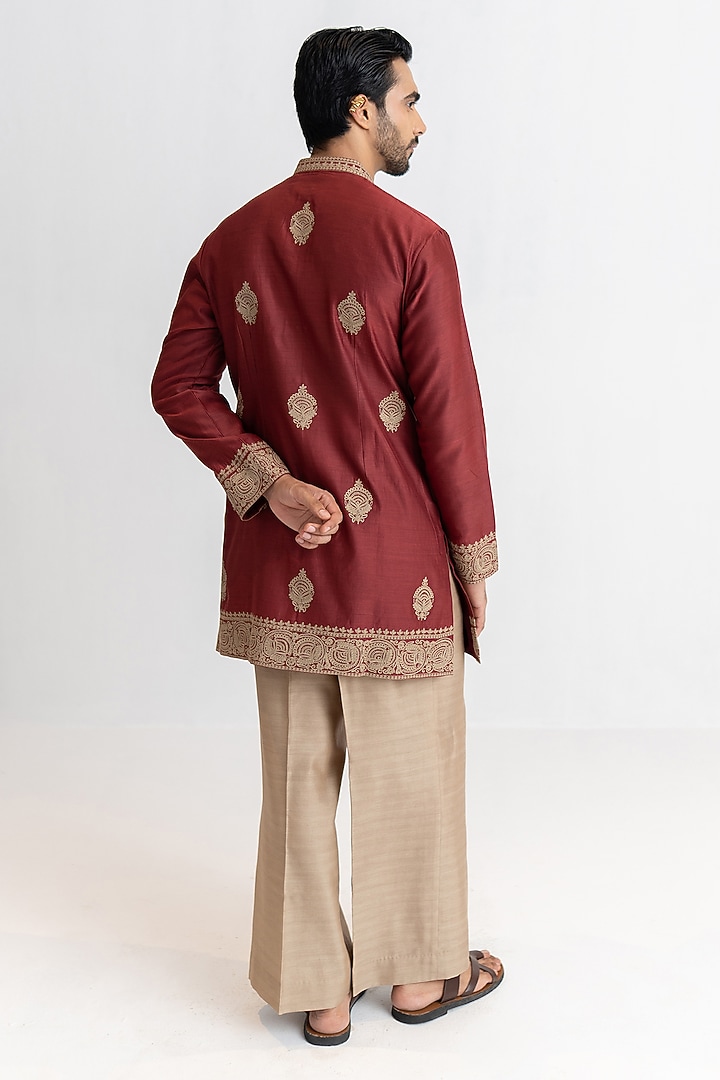 Antique Maroon Handloom Chanderi Dori Embroidered Kurta Set by Wabi Sabi Men at Pernia's Pop Up Shop