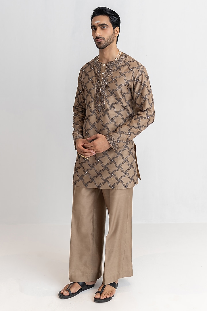 Mocha Beige Handloom Chanderi Aari Embroidered Short Kurta Set by Wabi Sabi Men at Pernia's Pop Up Shop