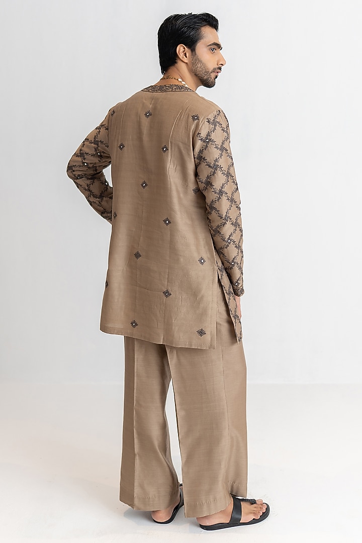 Mocha Beige Handloom Chanderi Aari Embroidered Short Kurta Set by Wabi Sabi Men at Pernia's Pop Up Shop