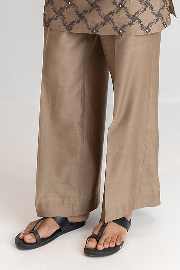 Mocha Beige Handloom Chanderi Aari Embroidered Short Kurta Set by Wabi Sabi Men at Pernia's Pop Up Shop