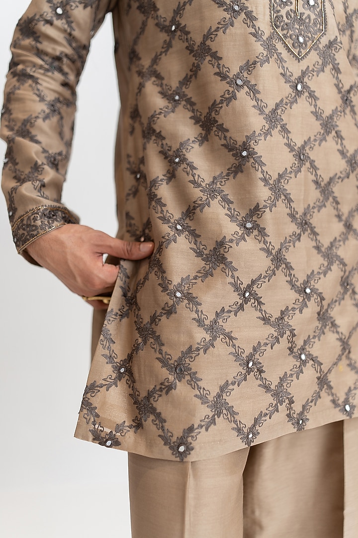 Mocha Beige Handloom Chanderi Aari Embroidered Short Kurta Set by Wabi Sabi Men at Pernia's Pop Up Shop