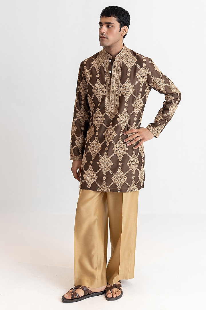 Chocolate Brown Handloom Chanderi Marodi Embroidered Short Kurta Set by Wabi Sabi Men at Pernia's Pop Up Shop