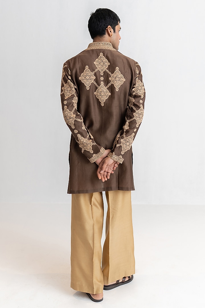 Chocolate Brown Handloom Chanderi Marodi Embroidered Short Kurta Set by Wabi Sabi Men at Pernia's Pop Up Shop
