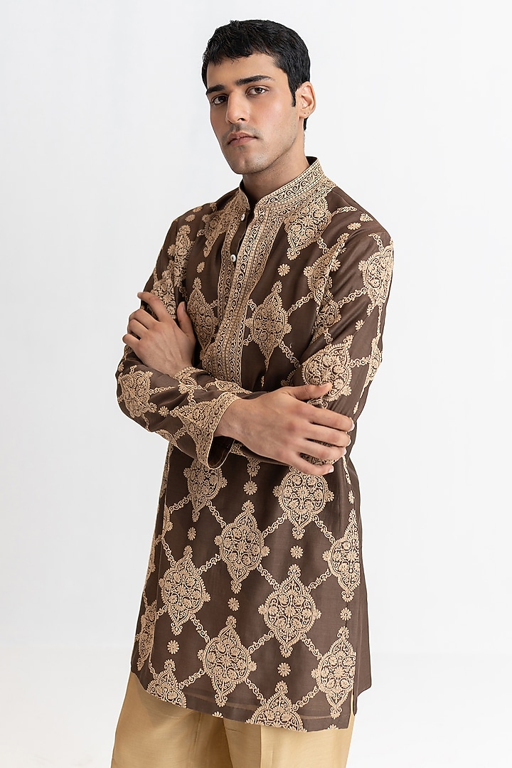 Chocolate Brown Handloom Chanderi Marodi Embroidered Short Kurta Set by Wabi Sabi Men at Pernia's Pop Up Shop