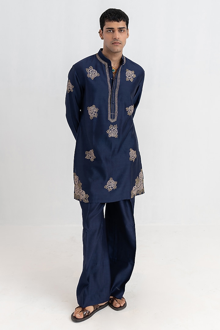 Midnight Navy Handloom Chanderi Hand Embroidered Short Kurta Set by Wabi Sabi Men at Pernia's Pop Up Shop