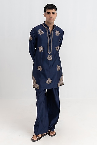 Midnight Navy Handloom Chanderi Hand Embroidered Short Kurta Set by wabi sabi men