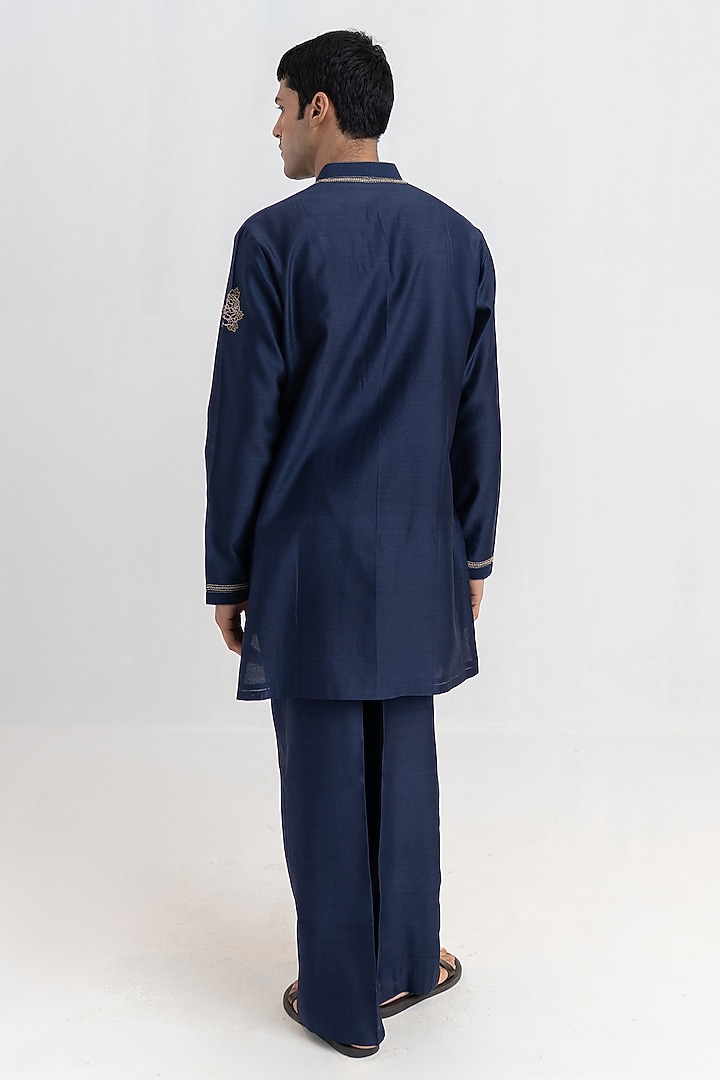 Midnight Navy Handloom Chanderi Hand Embroidered Short Kurta Set by Wabi Sabi Men at Pernia's Pop Up Shop