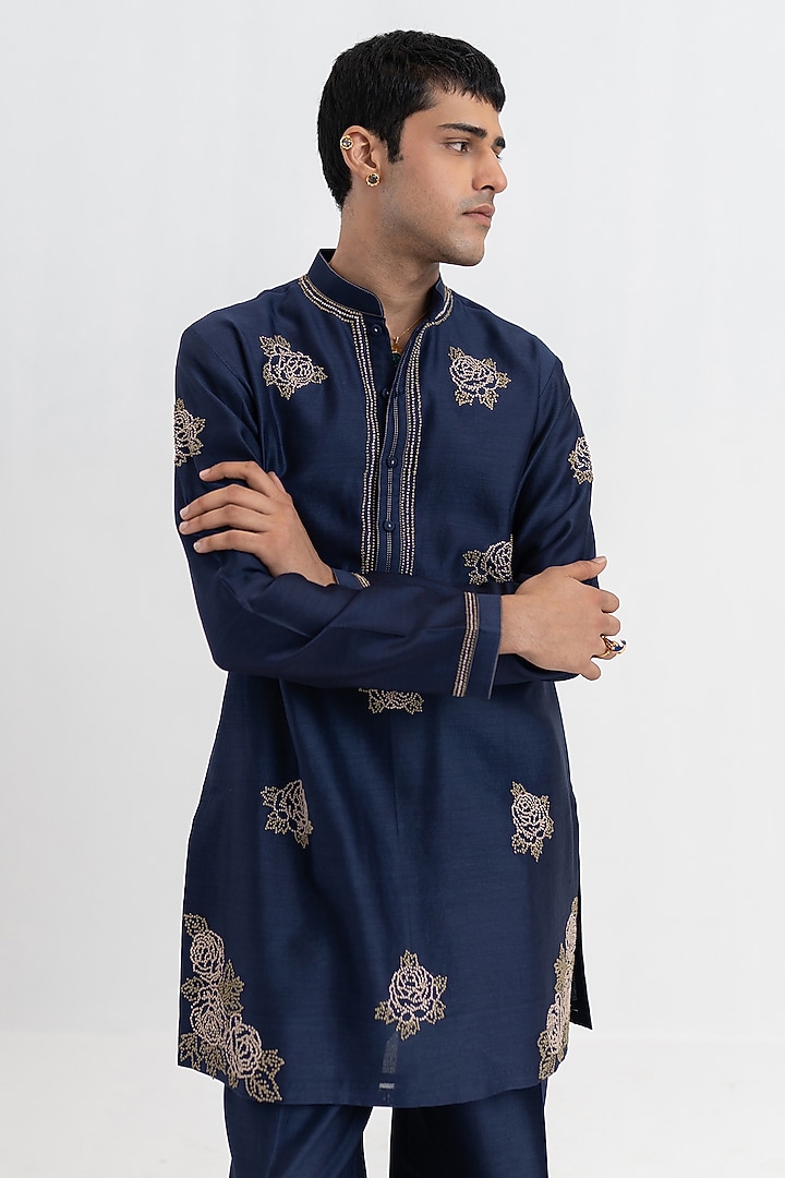 Midnight Navy Handloom Chanderi Hand Embroidered Short Kurta Set by Wabi Sabi Men at Pernia's Pop Up Shop