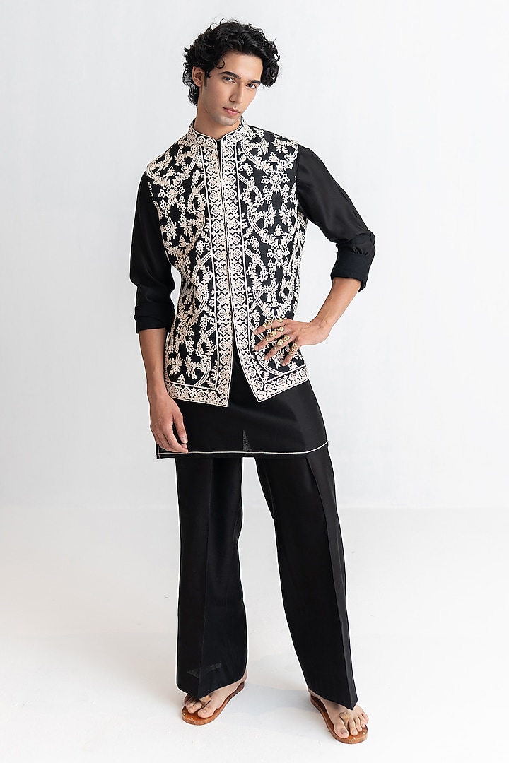Black Raw Silk Marodi Embroidered Bundi Jacket Set by Wabi Sabi Men at Pernia's Pop Up Shop