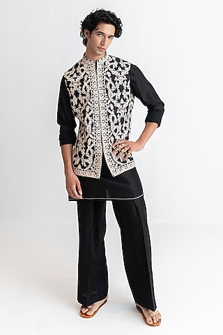 Black Raw Silk Marodi Embroidered Bundi Jacket Set by wabi sabi men