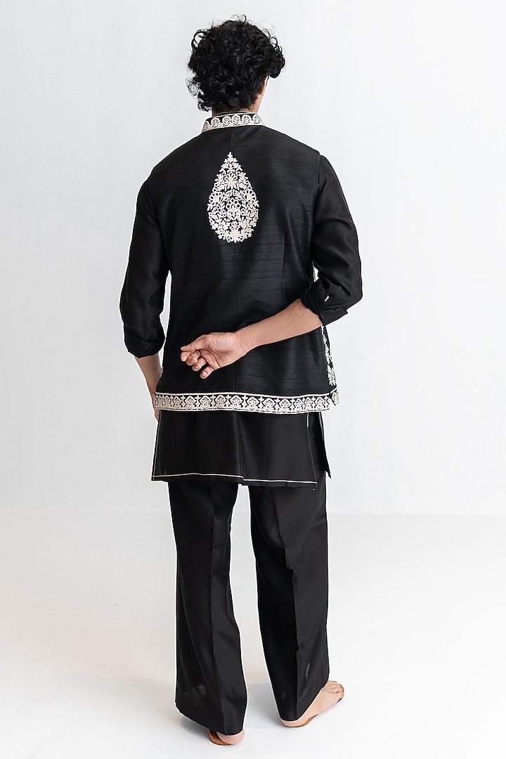 Black Raw Silk Marodi Embroidered Bundi Jacket Set by Wabi Sabi Men at Pernia's Pop Up Shop
