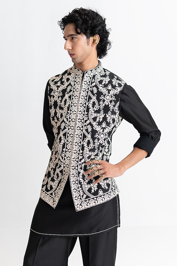 Black Raw Silk Marodi Embroidered Bundi Jacket Set by Wabi Sabi Men at Pernia's Pop Up Shop