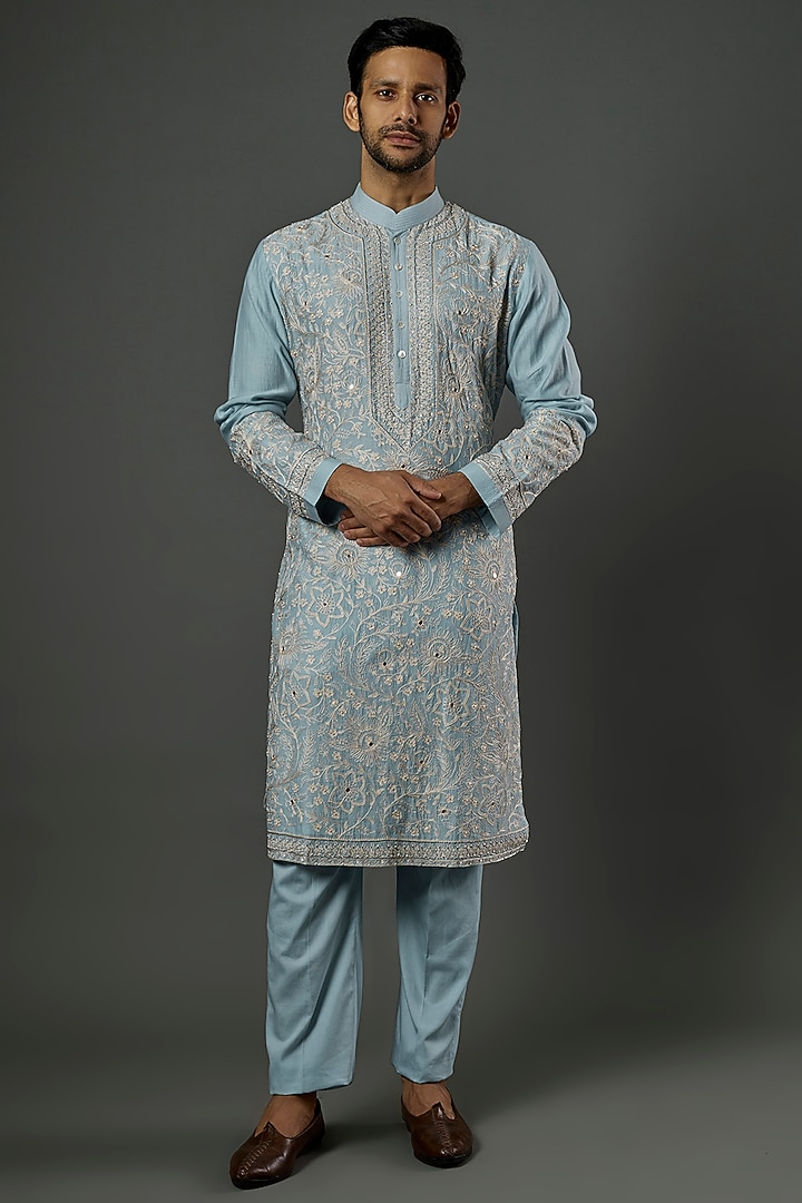 Pale Blue Embroidered Kurta Set by Wabi Sabi Men at Pernia's Pop Up Shop