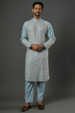 Pale Blue Embroidered Kurta Set by Wabi Sabi Men