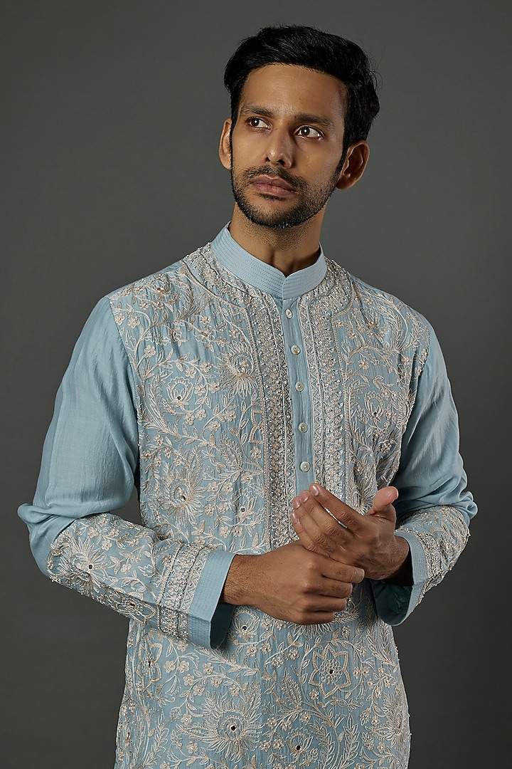 Pale Blue Embroidered Kurta Set by Wabi Sabi Men at Pernia's Pop Up Shop