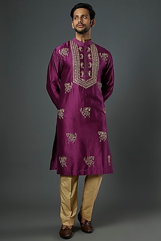 Magenta Embroidered Kurta Set by Wabi Sabi Men