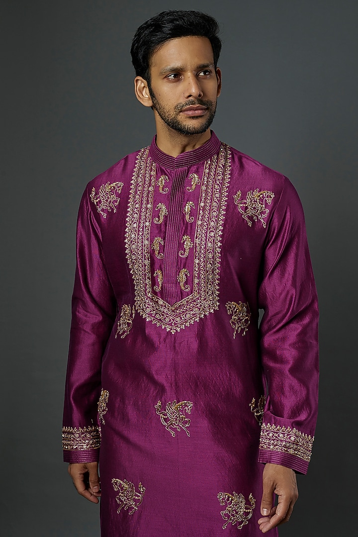 Magenta Embroidered Kurta Set by Wabi Sabi Men at Pernia's Pop Up Shop