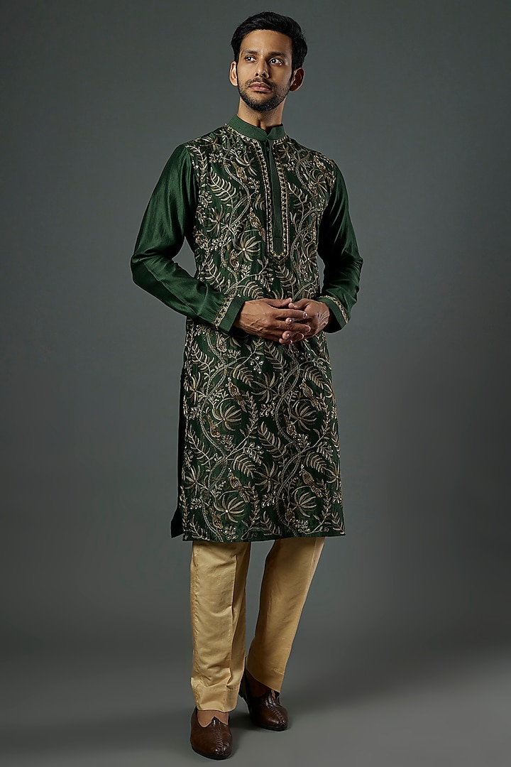 Pine Green Chanderi Handloom Sequin & Cutdana Embroidered Kurta Set by Wabi Sabi Men at Pernia's Pop Up Shop