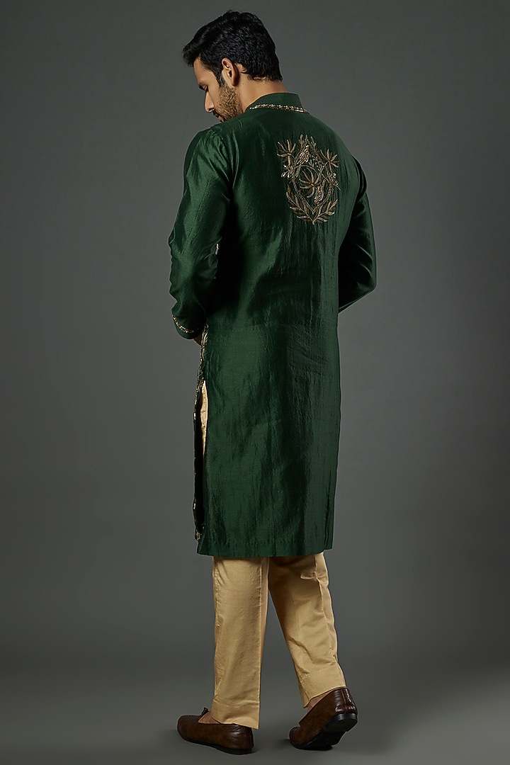 Pine Green Chanderi Handloom Sequin & Cutdana Embroidered Kurta Set by Wabi Sabi Men at Pernia's Pop Up Shop