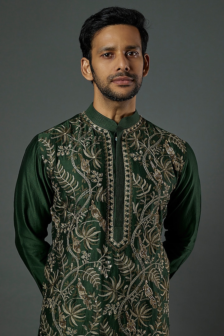 Pine Green Chanderi Handloom Sequin & Cutdana Embroidered Kurta Set by Wabi Sabi Men at Pernia's Pop Up Shop