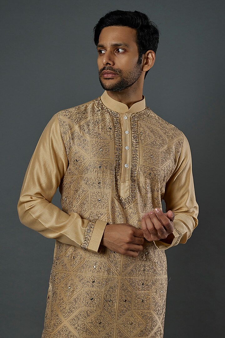 Gold Beige Embroidered Kurta Set by Wabi Sabi Men at Pernia's Pop Up Shop