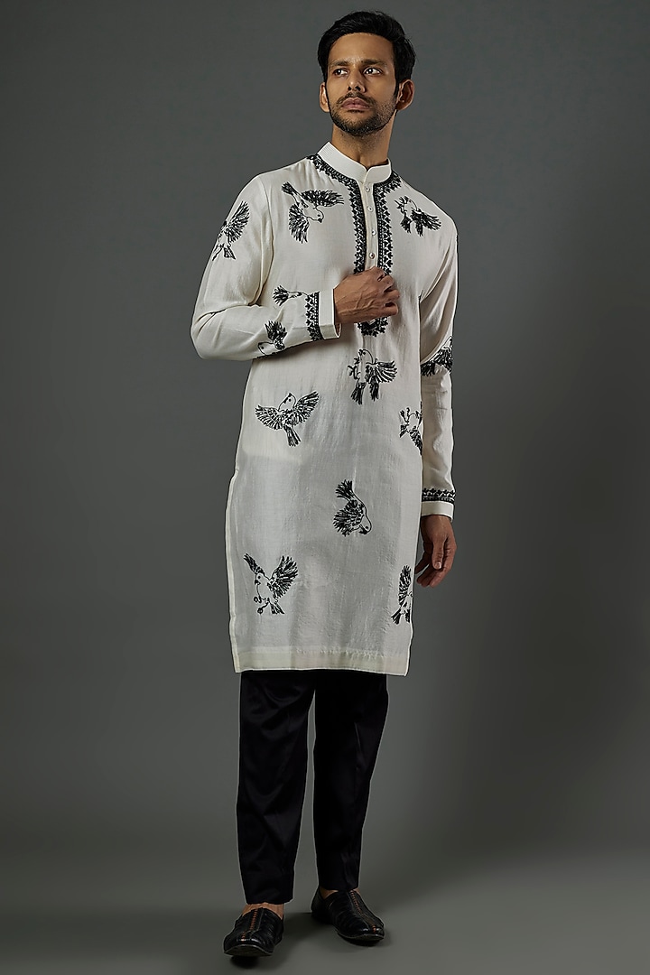 Ivory Cotton Silk Hand-Painted Digital Printed Kurta Set by WABI SABI