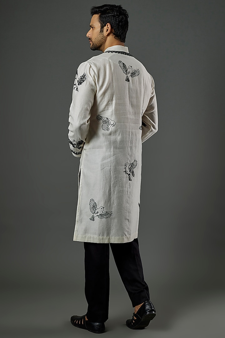 Ivory Cotton Silk Hand-Painted Digital Printed Kurta Set by Wabi Sabi Men at Pernia's Pop Up Shop