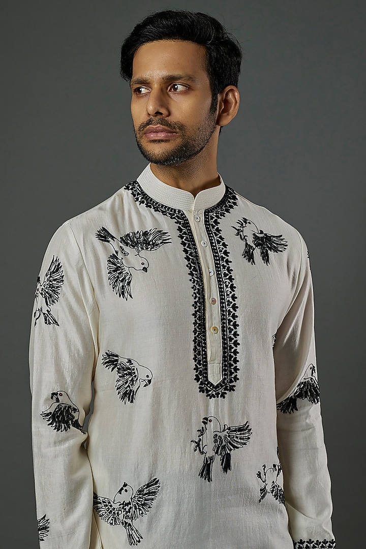 Ivory Cotton Silk Hand-Painted Digital Printed Kurta Set by Wabi Sabi Men at Pernia's Pop Up Shop