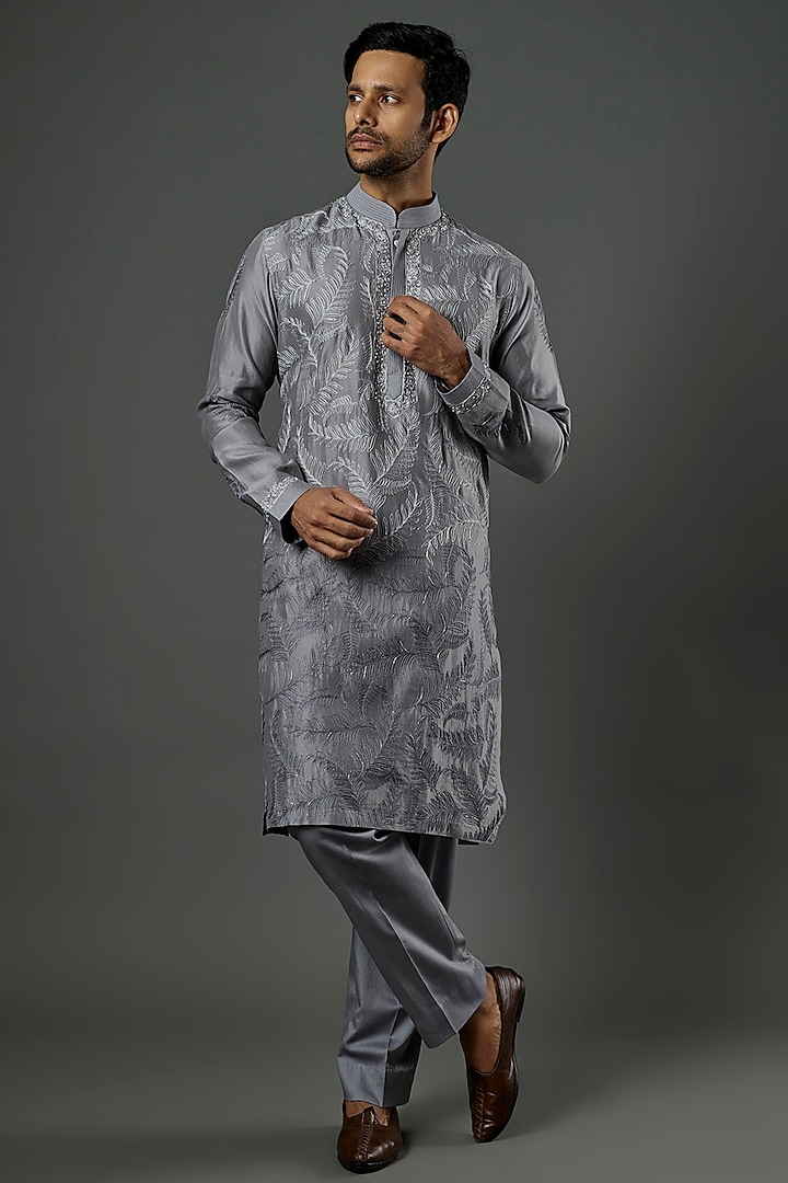 Silver Grey Embroidered Kurta Set by WABI SABI