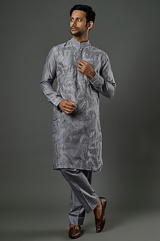 Silver Grey Embroidered Kurta Set by Wabi Sabi Men