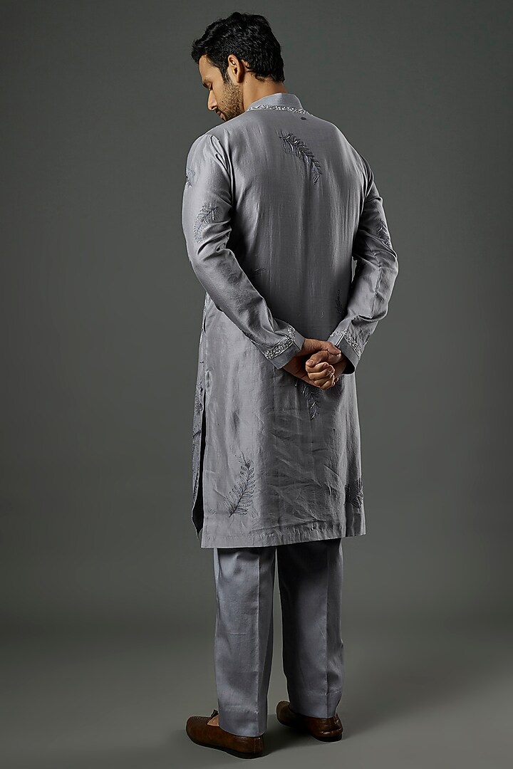 Silver Grey Embroidered Kurta Set by Wabi Sabi Men at Pernia's Pop Up Shop