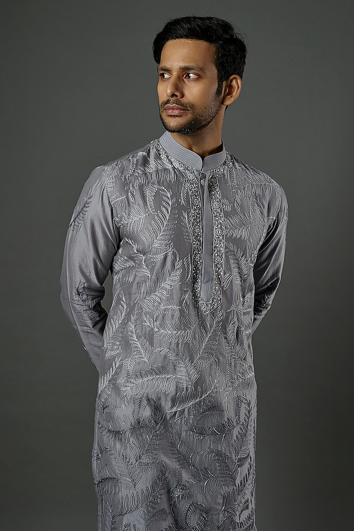 Silver Grey Embroidered Kurta Set by Wabi Sabi Men at Pernia's Pop Up Shop
