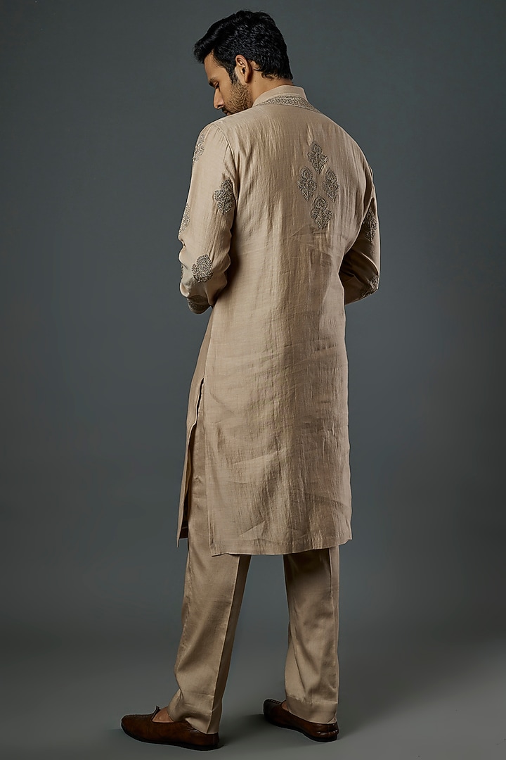 Beige Chanderi Handloom Marodi Embroidered Kurta Set by Wabi Sabi Men at Pernia's Pop Up Shop