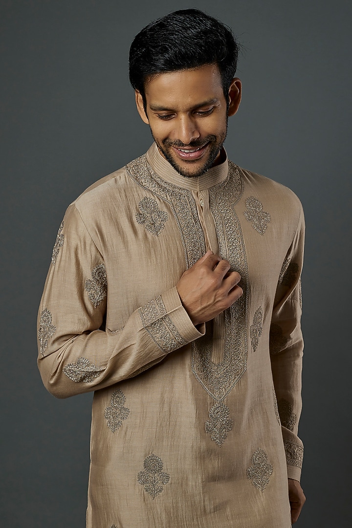 Beige Chanderi Handloom Marodi Embroidered Kurta Set by Wabi Sabi Men at Pernia's Pop Up Shop
