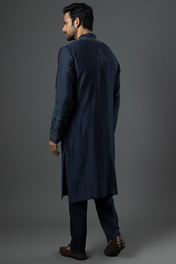 Indigo Chanderi Handloom Embroidered Kurta Set by Wabi Sabi Men at Pernia's Pop Up Shop