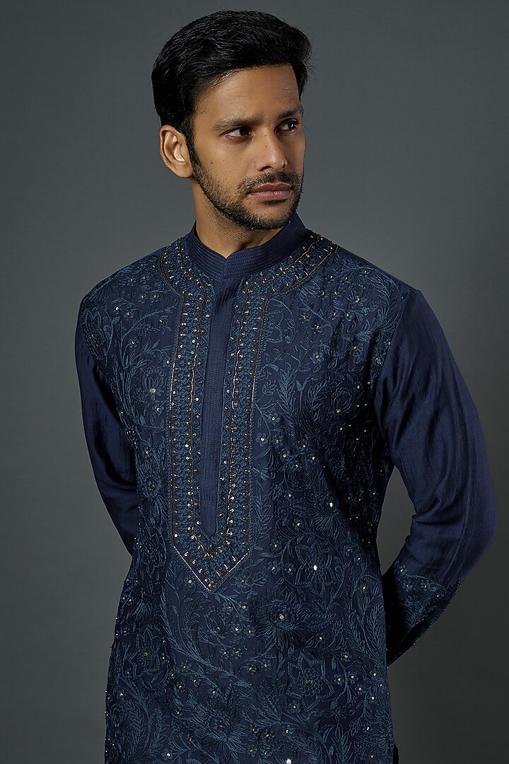 Indigo Chanderi Handloom Embroidered Kurta Set by Wabi Sabi Men at Pernia's Pop Up Shop