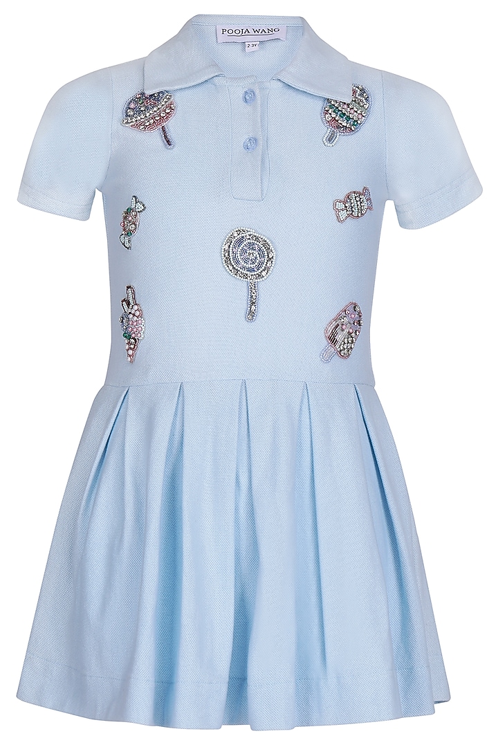 Ice Blue Polo Hand Embroidered Dress For Girls by Pooja Wang at Pernia's Pop Up Shop