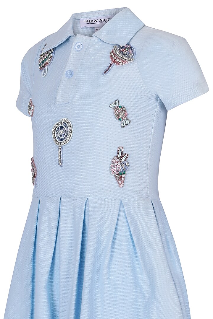 Ice Blue Polo Hand Embroidered Dress For Girls by Pooja Wang at Pernia's Pop Up Shop