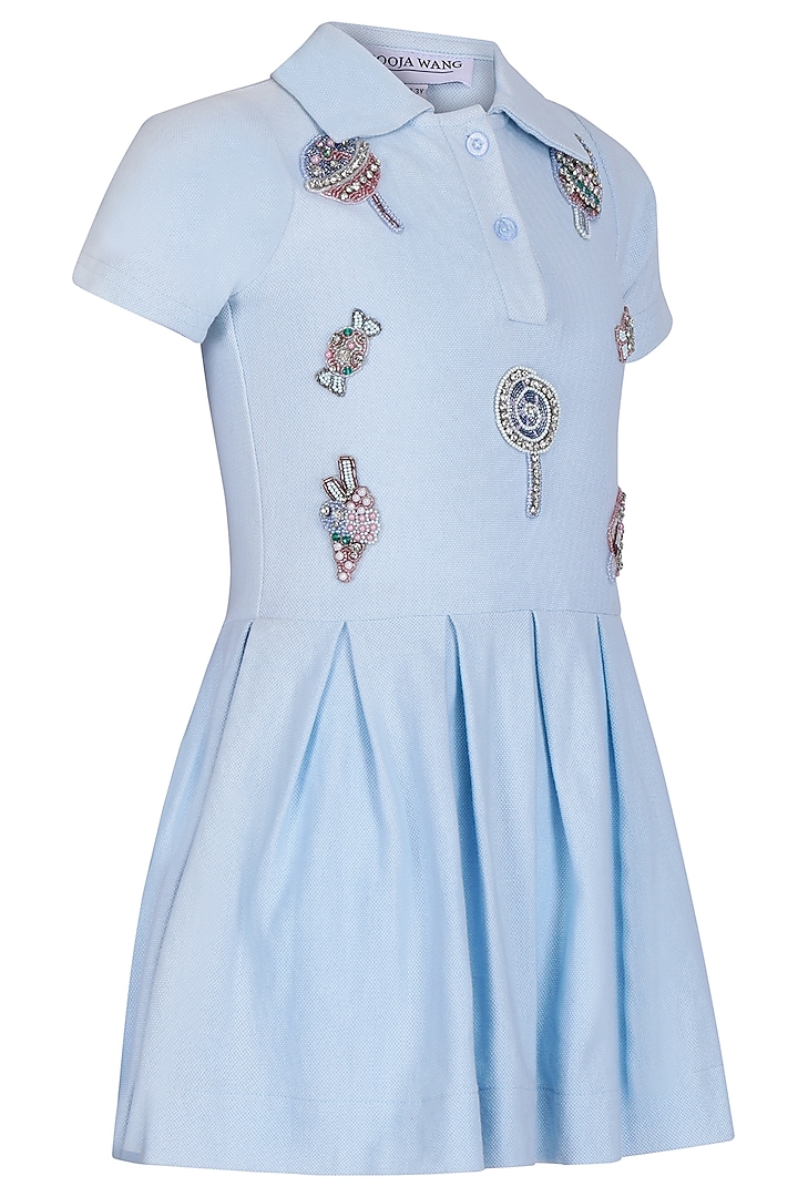 Ice Blue Polo Hand Embroidered Dress For Girls by Pooja Wang at Pernia's Pop Up Shop