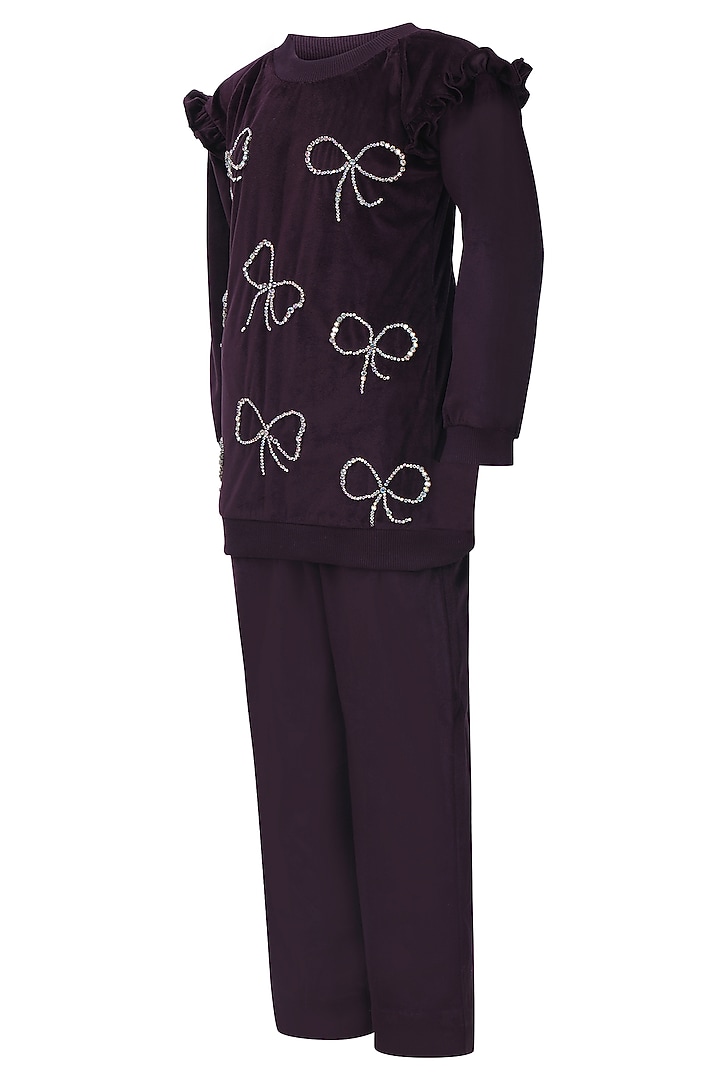 Wine Velvet Hand Embroidered Co-Ord Set For Girls by Pooja Wang at Pernia's Pop Up Shop
