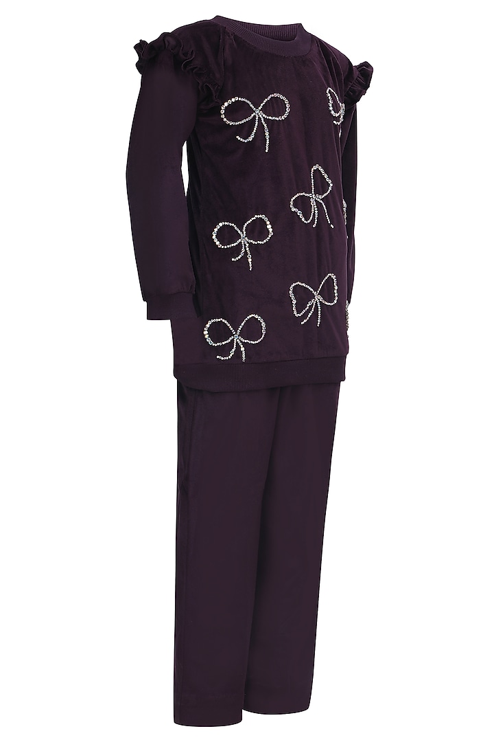 Wine Velvet Hand Embroidered Co-Ord Set For Girls by Pooja Wang at Pernia's Pop Up Shop
