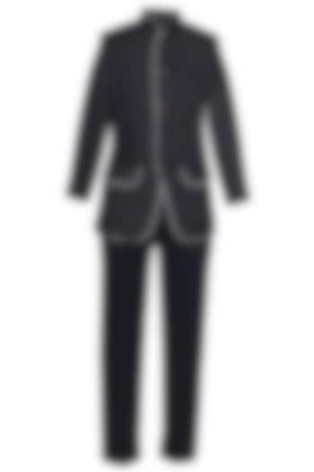 Black Suiting Embroidered Bandhgala Set For Boys by Pooja Wang at Pernia's Pop Up Shop