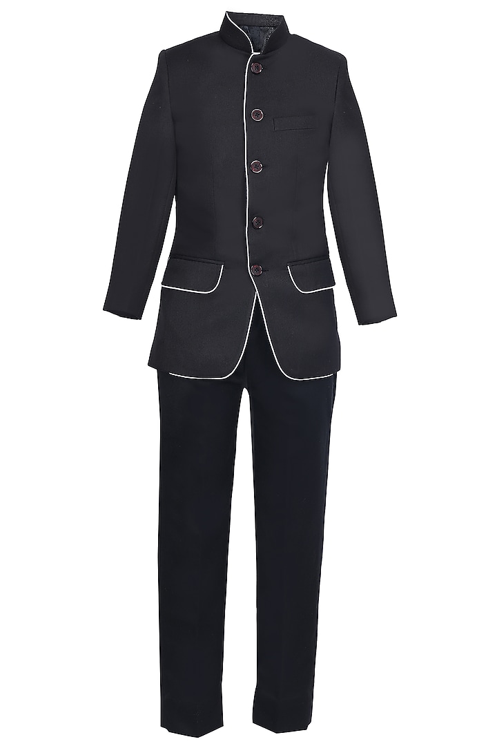 Black Suiting Embroidered Bandhgala Set For Boys by Pooja Wang at Pernia's Pop Up Shop