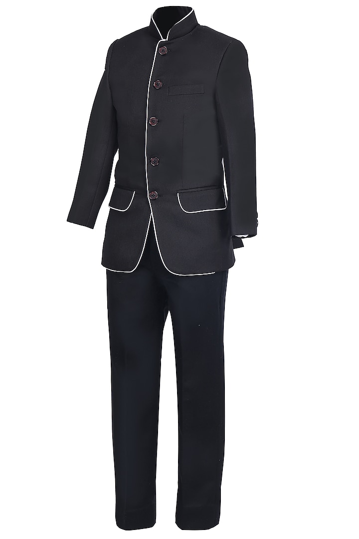Black Suiting Embroidered Bandhgala Set For Boys by Pooja Wang at Pernia's Pop Up Shop